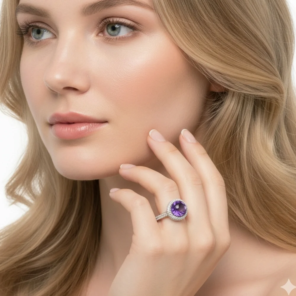 925 Sterling Silver Purple Gemstone Halo Statement Ring